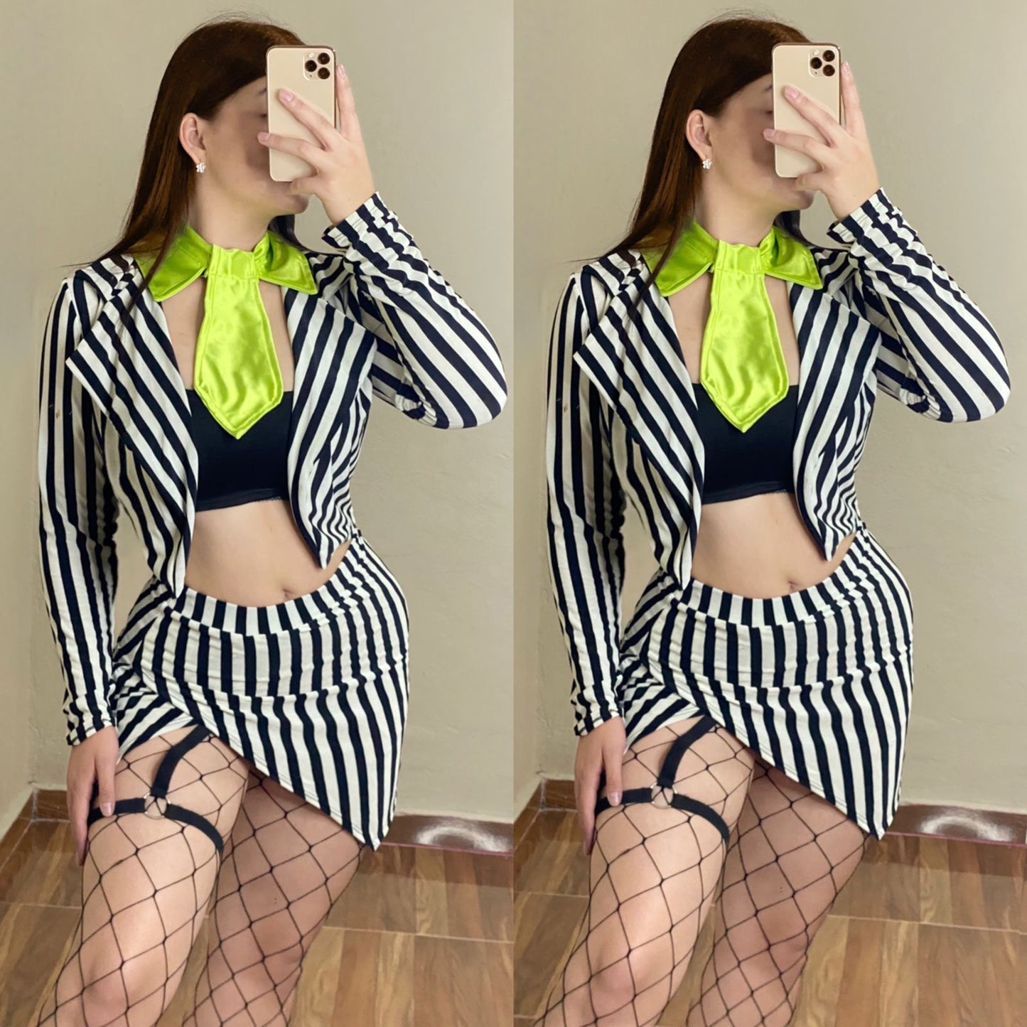 Beetlejuice unitalla
Incluye:
Saco
Top
Corbata
Falda con arnés
Medias de red