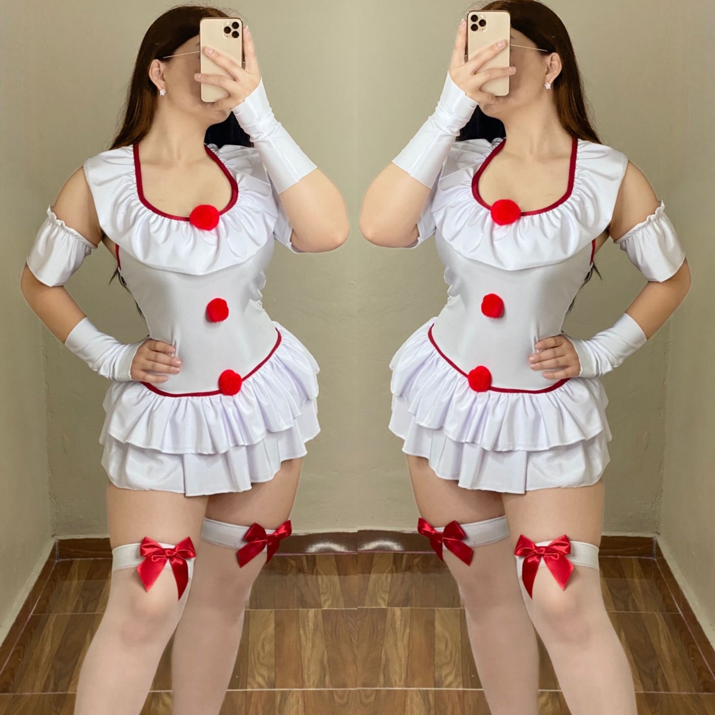 Payasa IT blanco 
Incluye:
Body tipo falda 
Muñequeras
Cuello
Medias con moño
