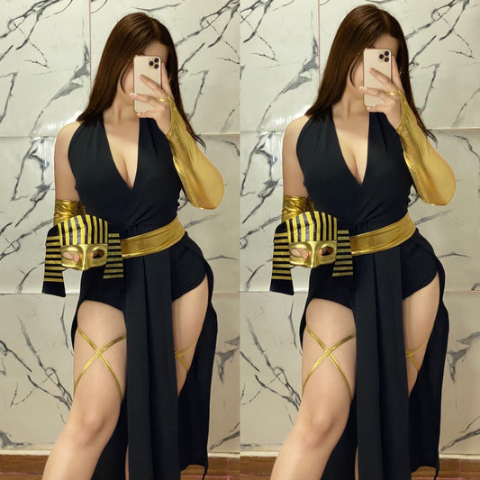 Cleopatra 
Incluye
Vestido tipo body
Antifaz 
Cinturón 
Mangas 
Cintas para piernas